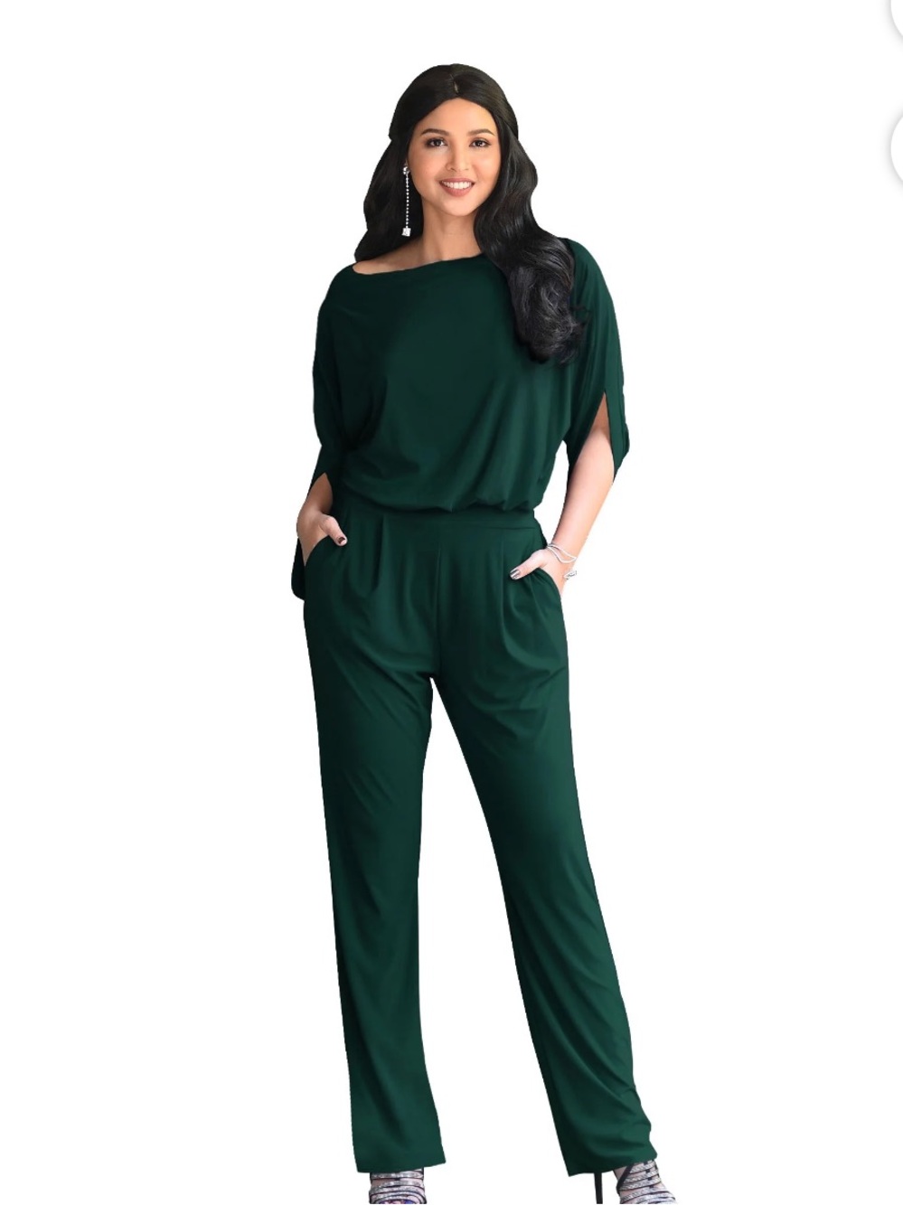 KOH KOH Emerald Green Dressy Jumpsuit 3/4 Batwing Sleeve Pockets Cocktail Large